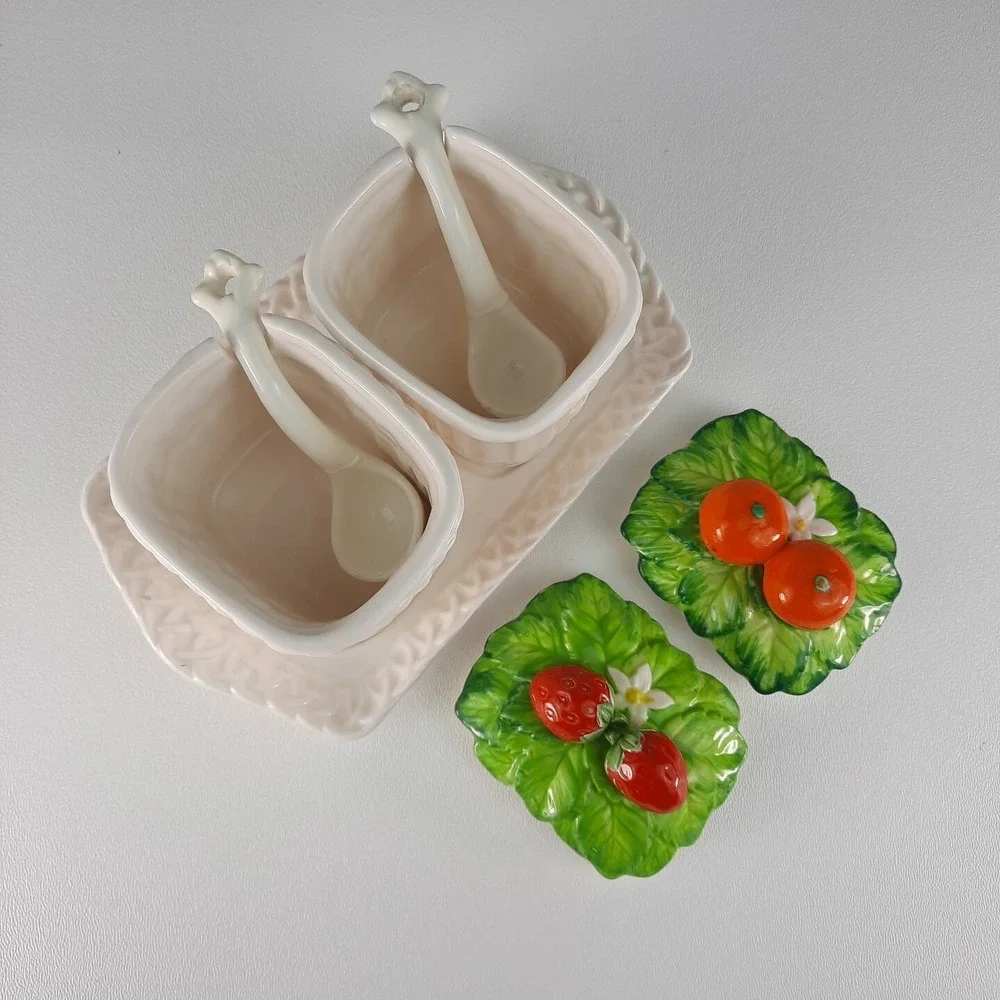 Strawberry & Orange Marmalade Ceramic Jelly Jam Jar Set w/ Spoons Mann Vintage